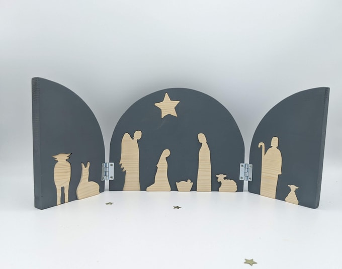crèche de Noël triptyque fond gris foncé